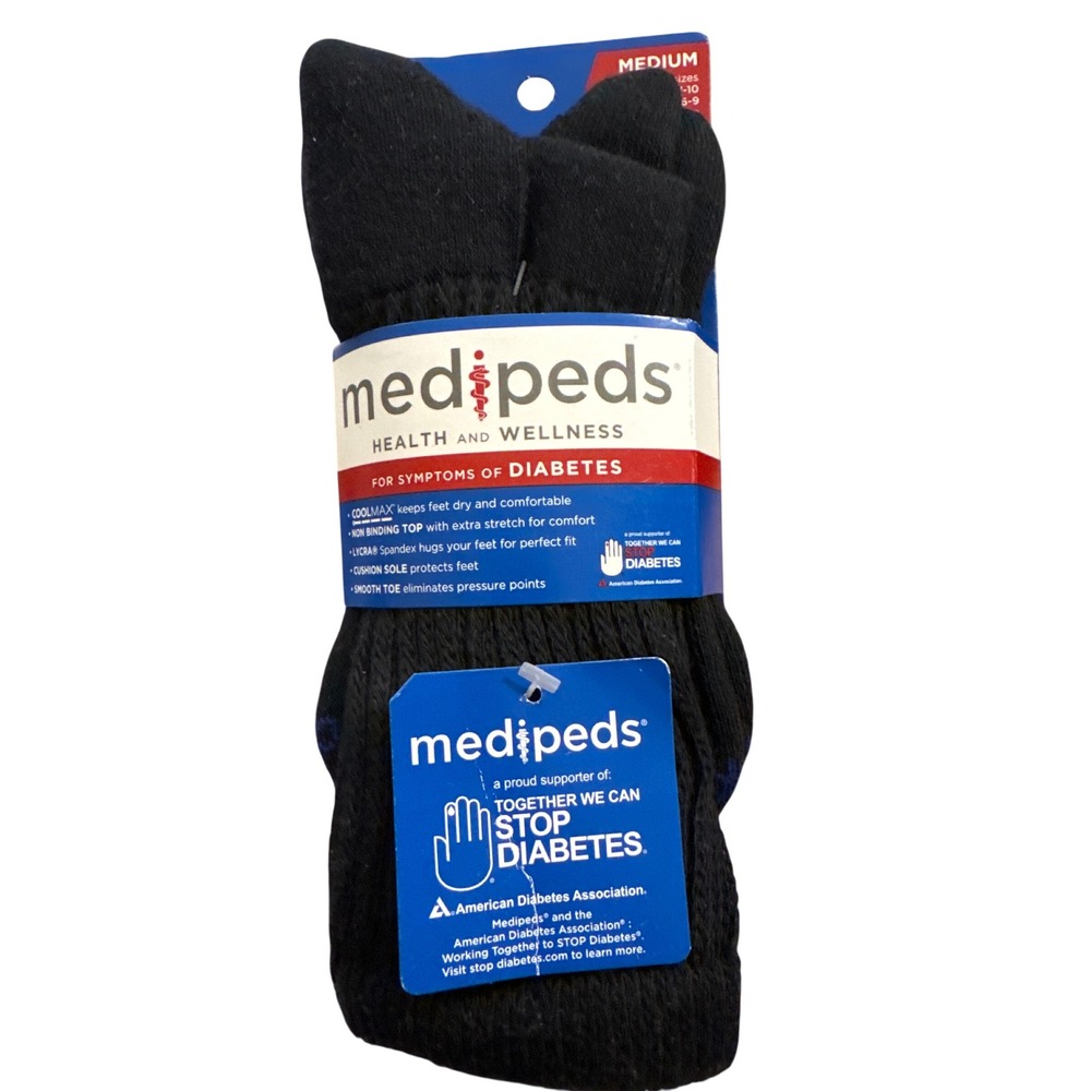 Medipeds Unisex Diabetic Crew Socks 2 Pair M Black Cushion Non-Binding Wellness